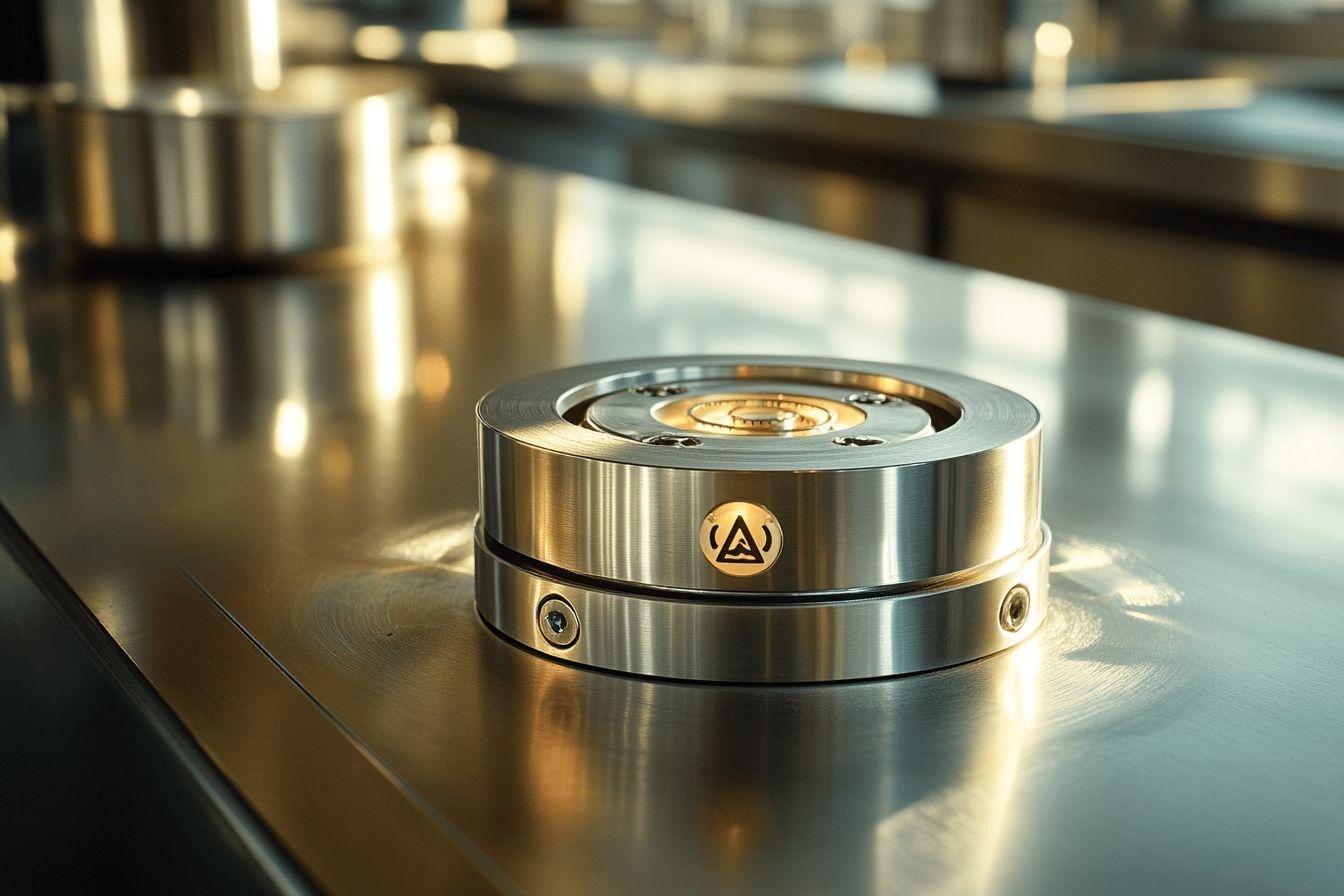 Cylindre métallique argenté avec logo doré sur surface réfléchissante