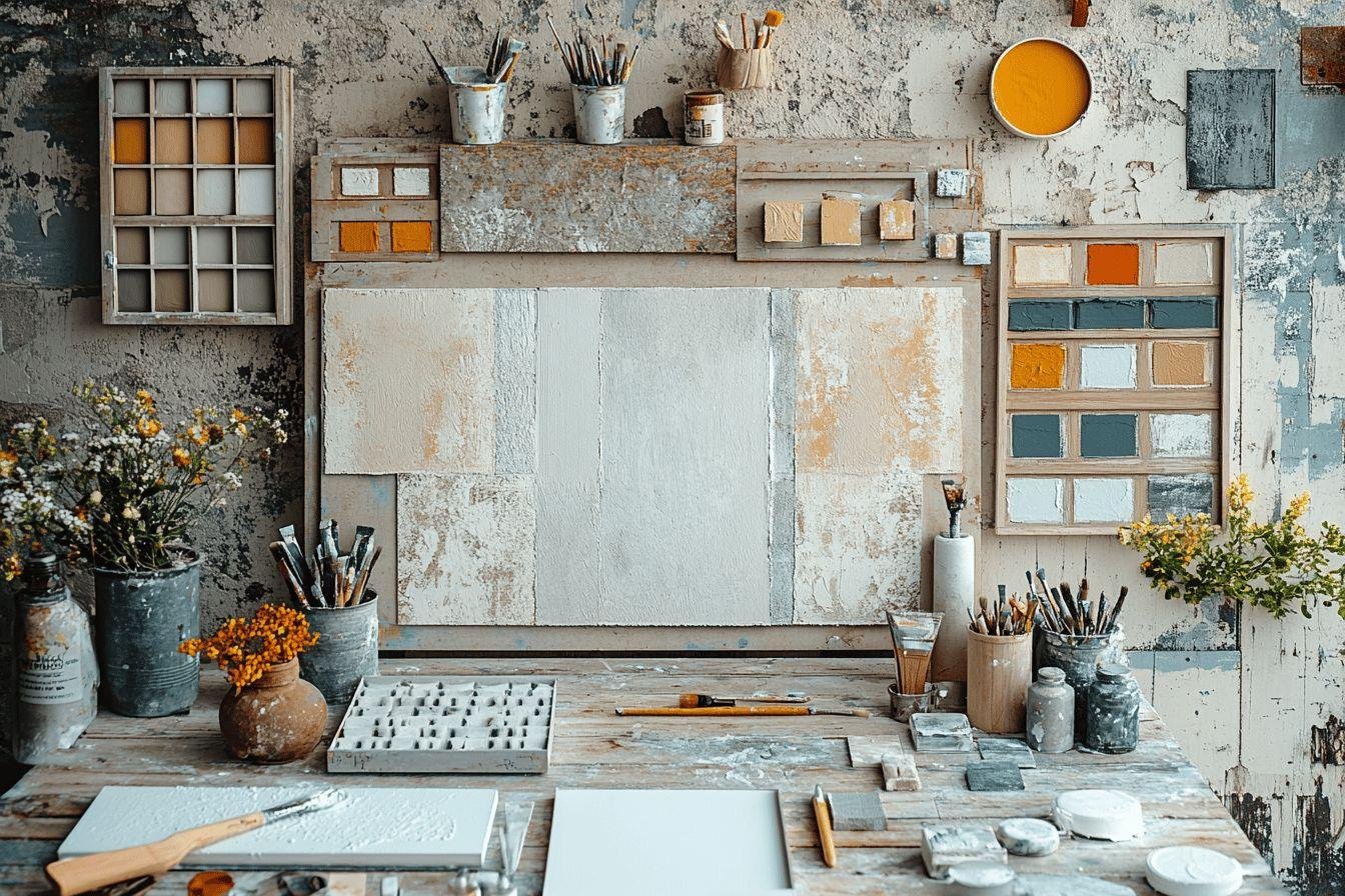 Établi d'artiste avec pinceaux, toiles et matériel de peinture