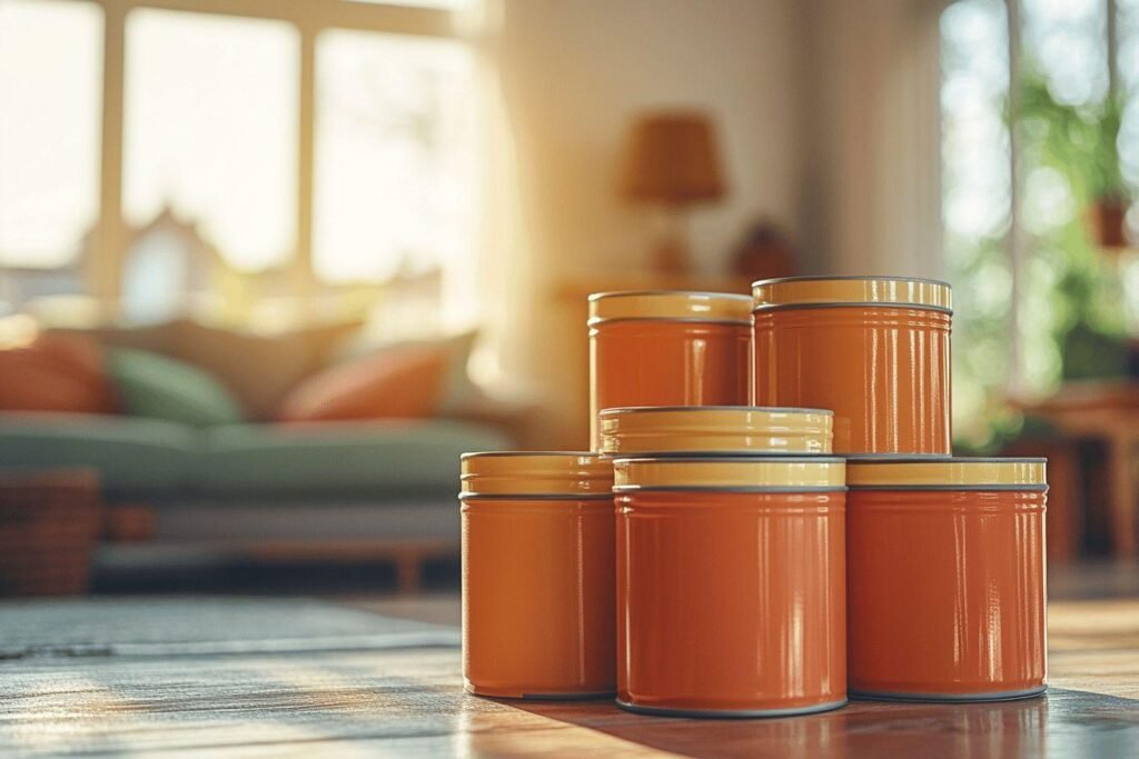 Cinq boîtes de rangement orange sur une surface brillante