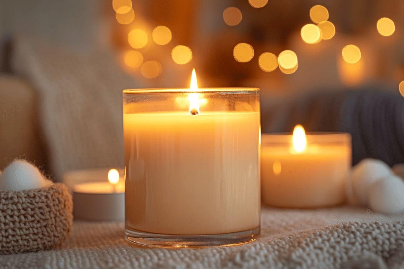 Plusieurs bougies allumées sur un textile tricoté moelleux