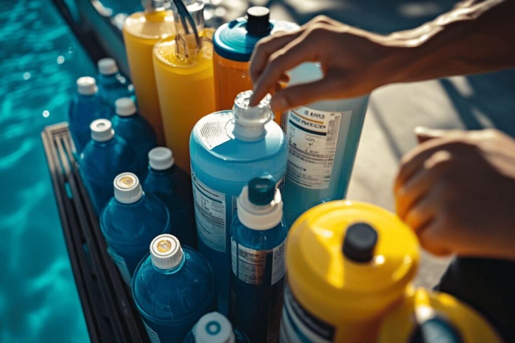 Bouteilles bleues et jaunes avec étiquettes et une main
