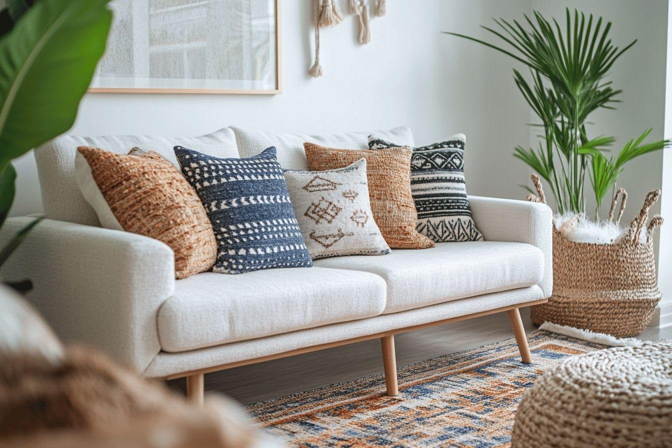 Canapé blanc avec coussins variés et plantes vertes