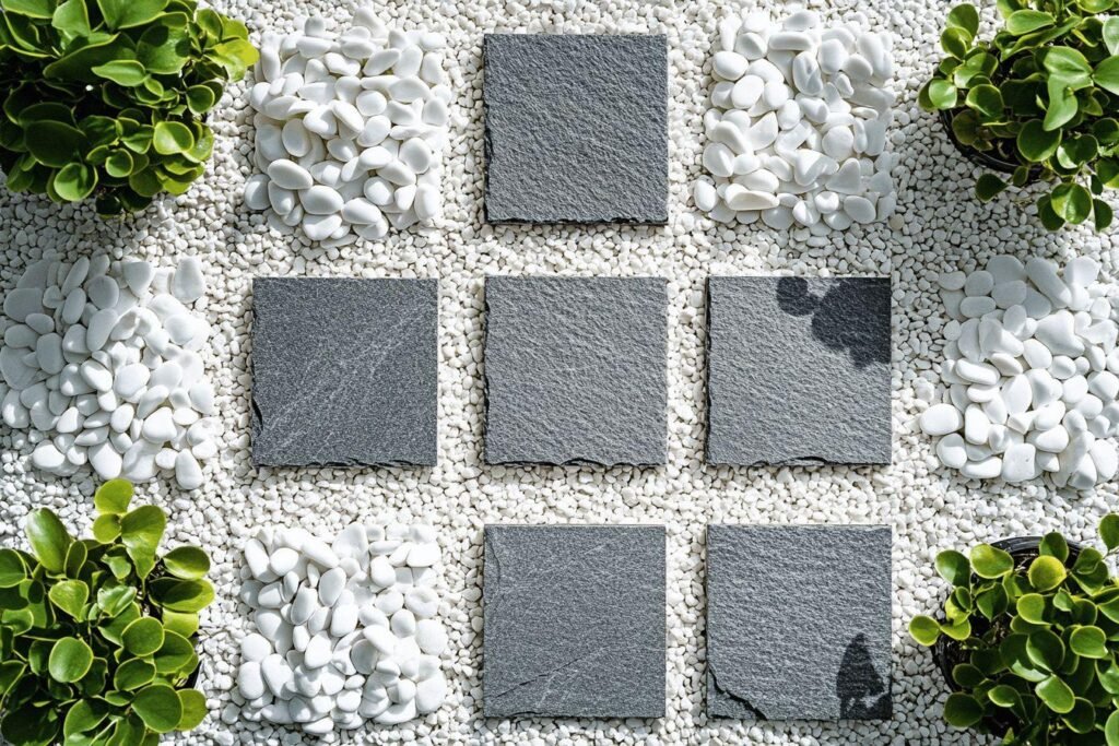 Carreaux ardoise disposés sur fond de galets blancs et verdure