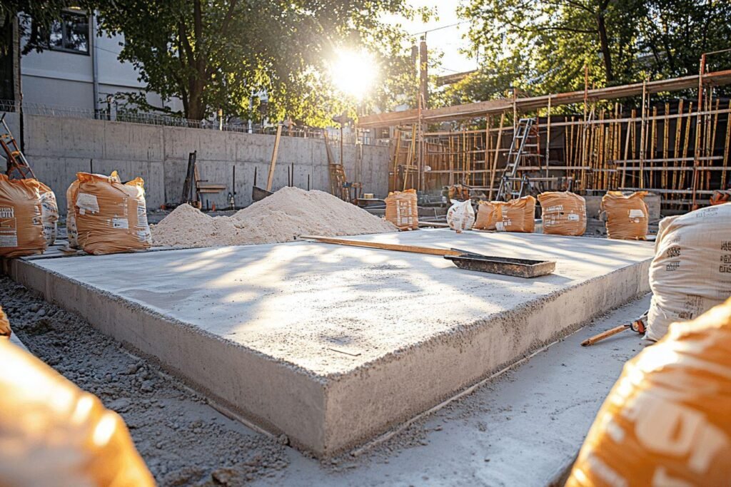 Fondation en béton avec matériaux de construction et échafaudages