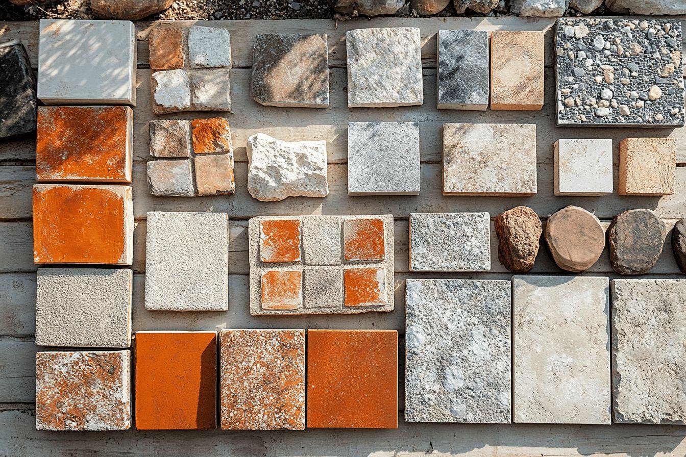 Collection variée de carreaux, pierres et textures en orangé et gris