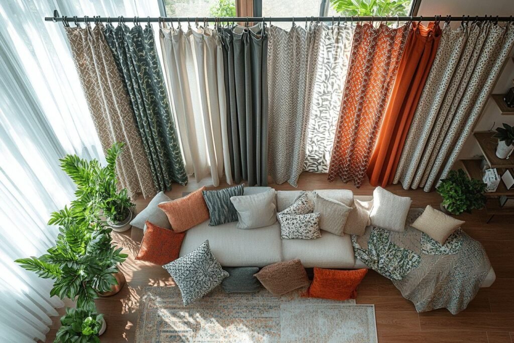 Canapé blanc avec coussins et rideaux variés près de plantes vertes