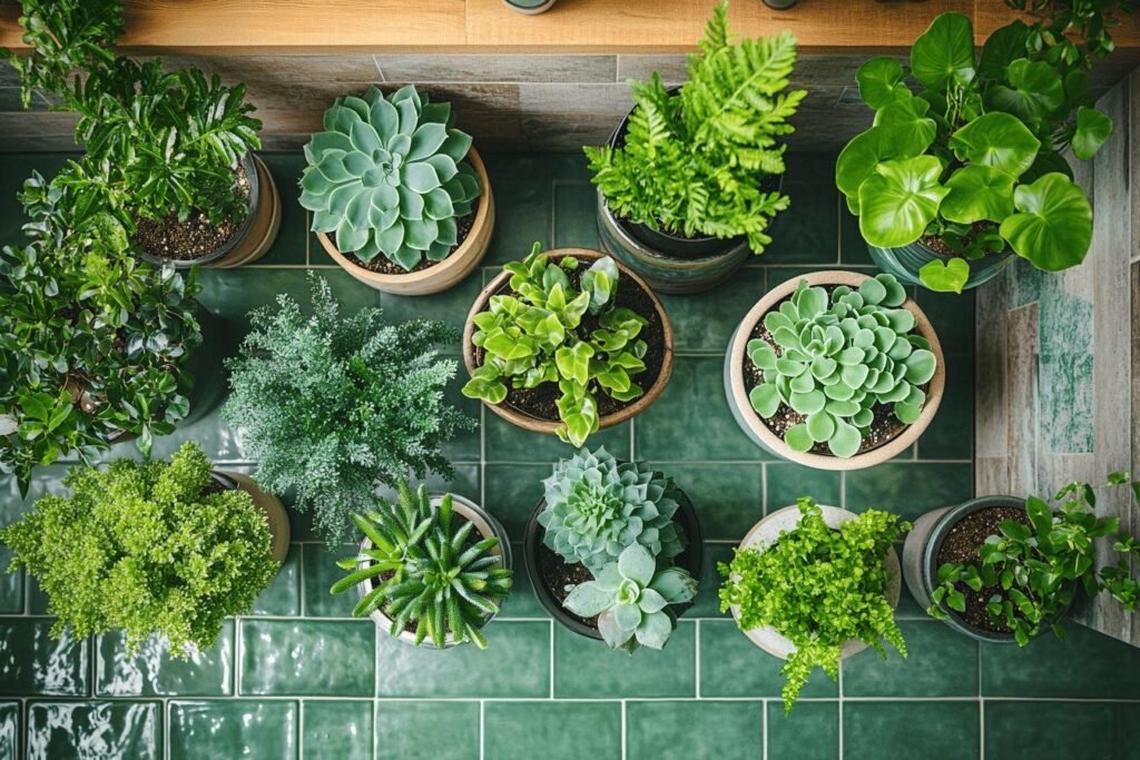 Diverses plantes succulentes et vertes disposées sur des carreaux verts