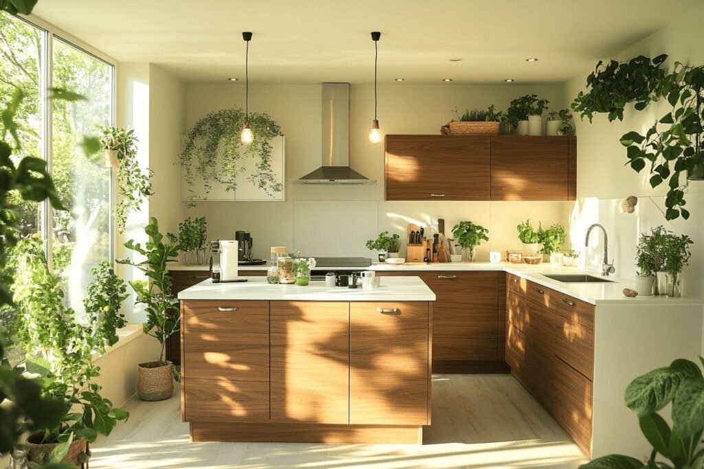 Cuisine moderne avec îlot central et nombreuses plantes vertes