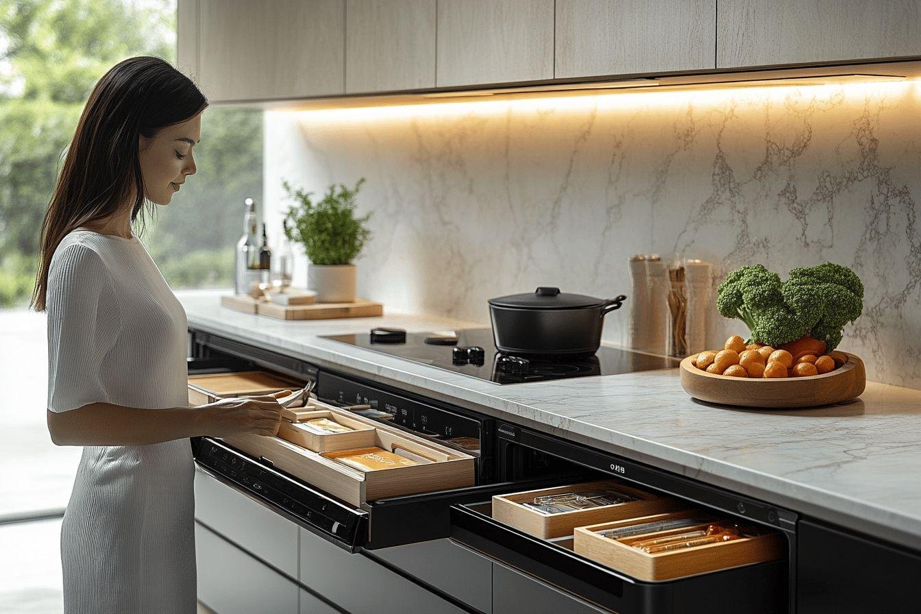 Femme cuisinant dans une cuisine épurée avec des légumes