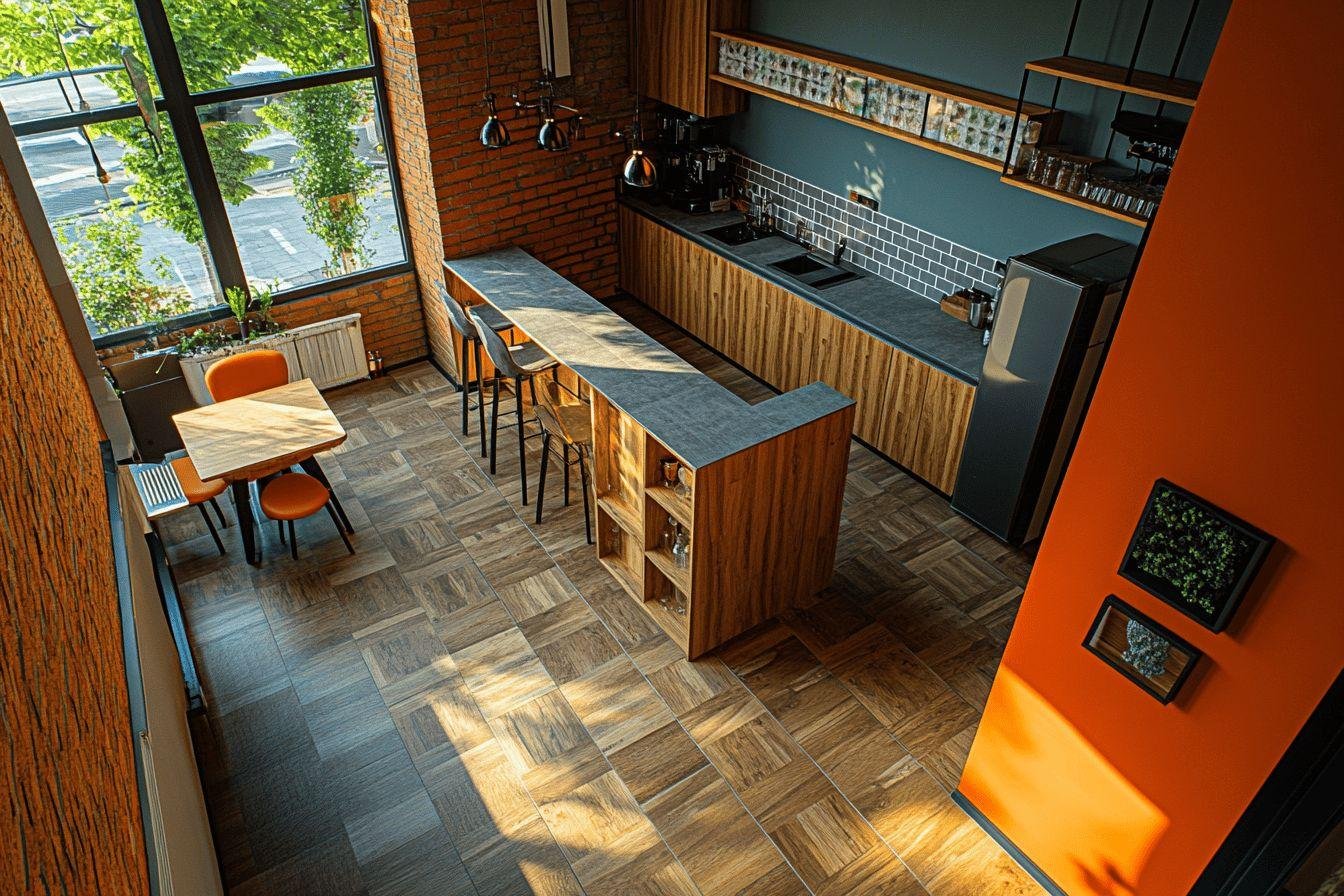 Cuisine design bois et brique avec grande fenêtre et îlot central