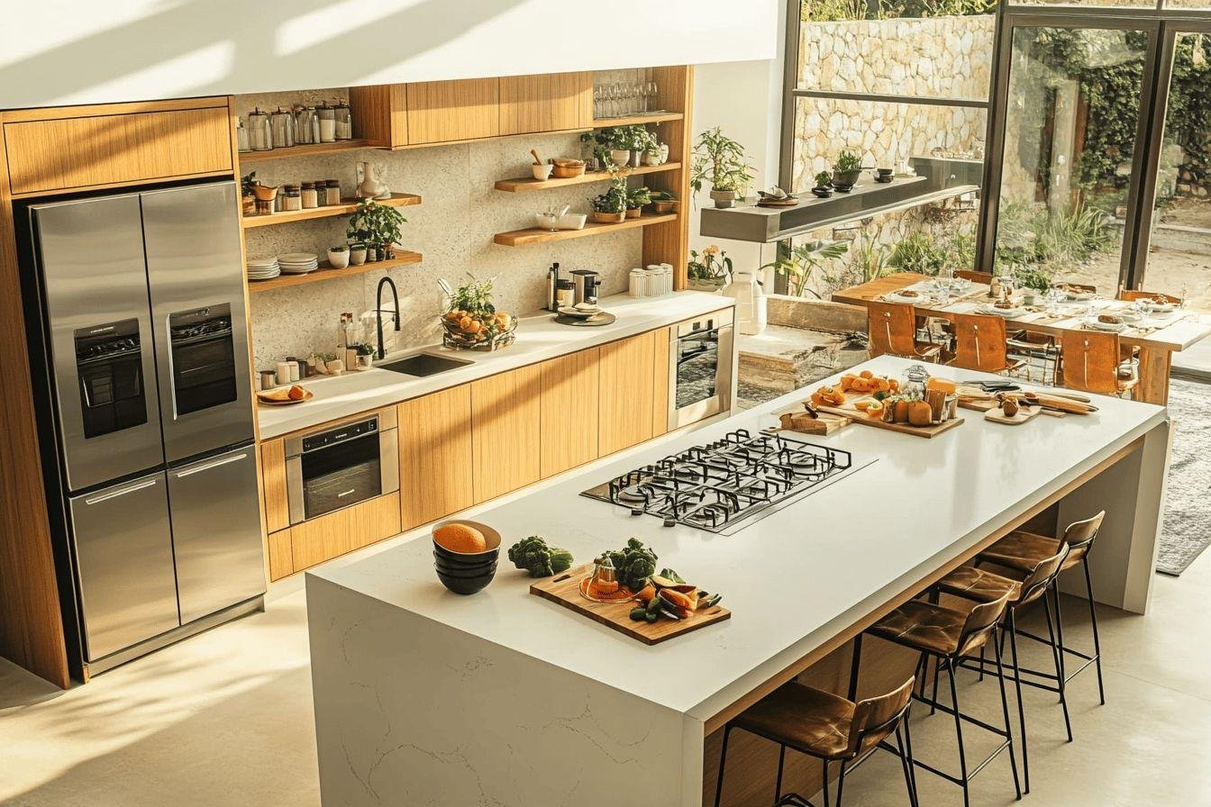 Cuisine design avec îlot, plantes et grande baie vitrée