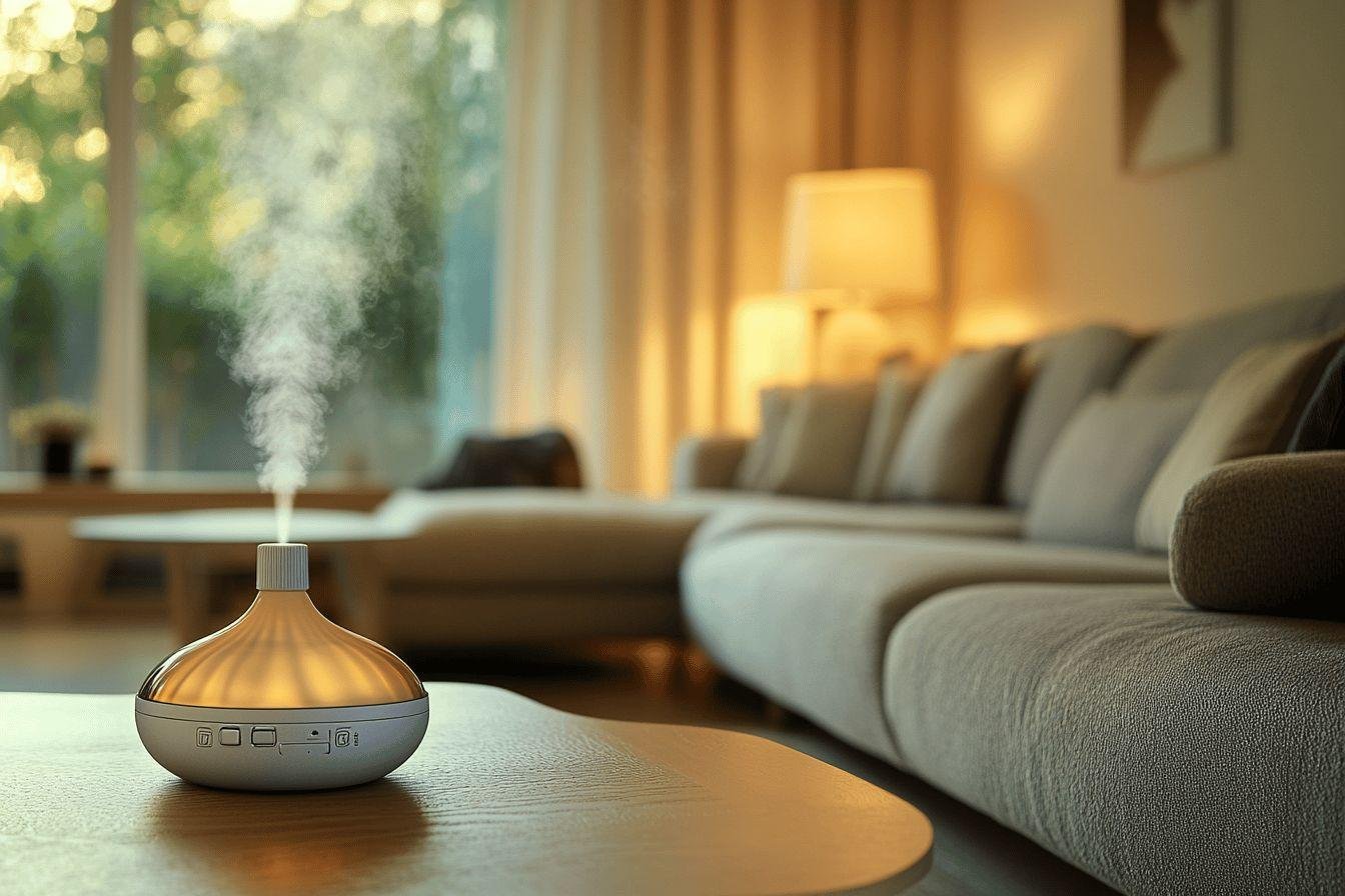 Diffuseur élégant diffusant de la vapeur dans un salon confortable