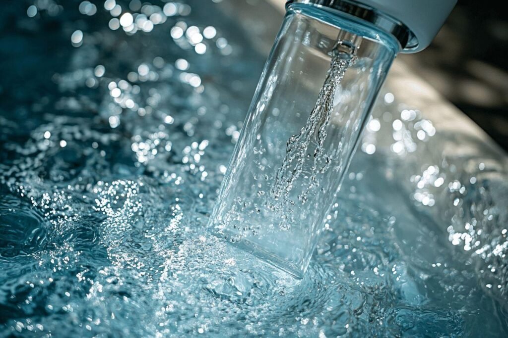 Gros plan sur un jet d'eau cristalline avec éclaboussures