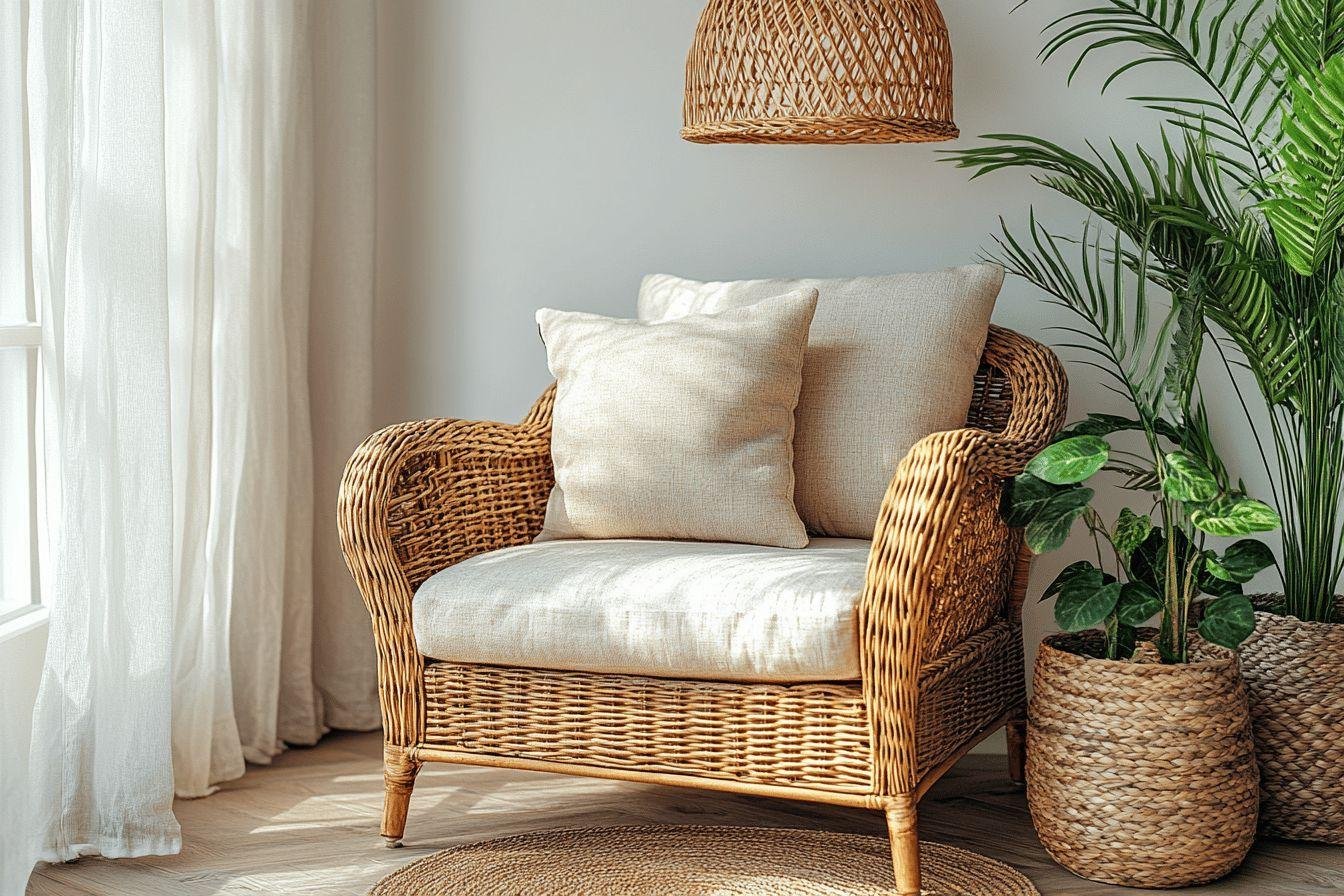 Chaise en osier avec coussins blancs et plantes décoratives