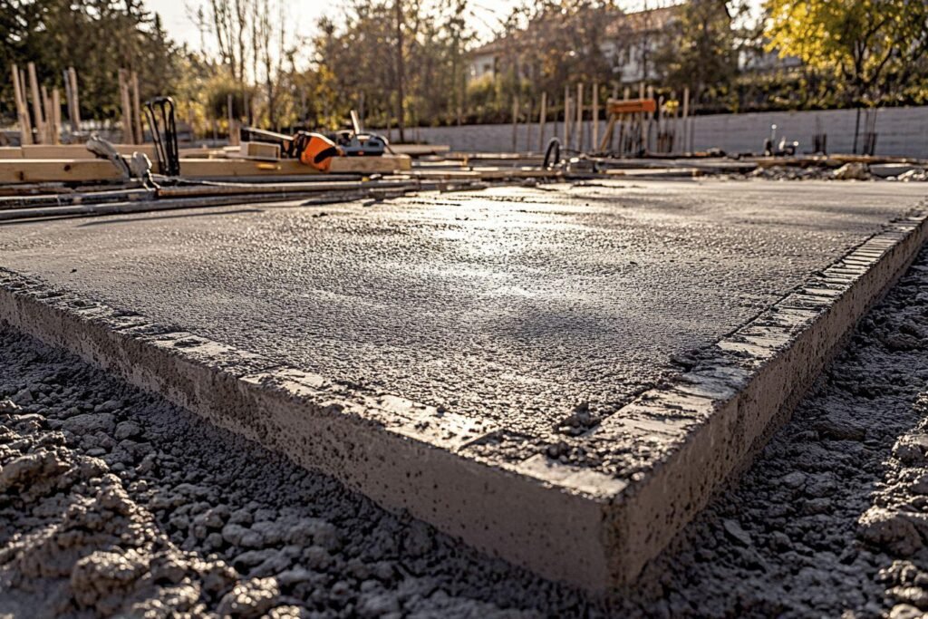 Dalle de béton fraîchement coulée sur un chantier