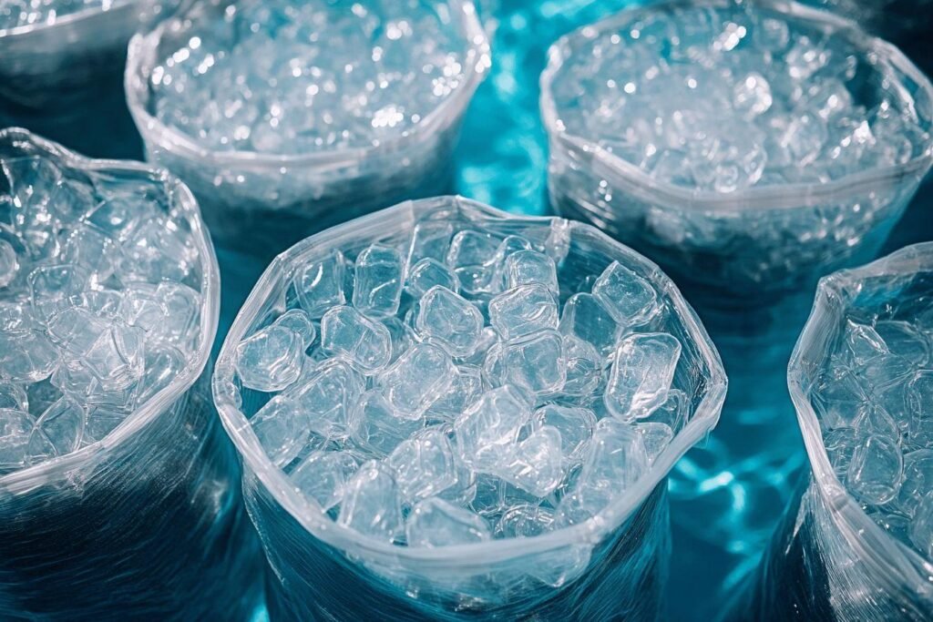 Plusieurs bols remplis de glaçons cristallins sur fond bleu