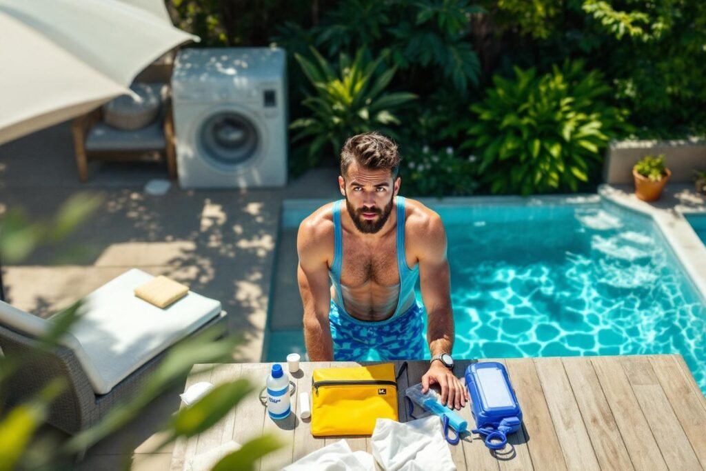 Homme barbu en débardeur bleu, appuyé sur une table à côté d'une piscine
