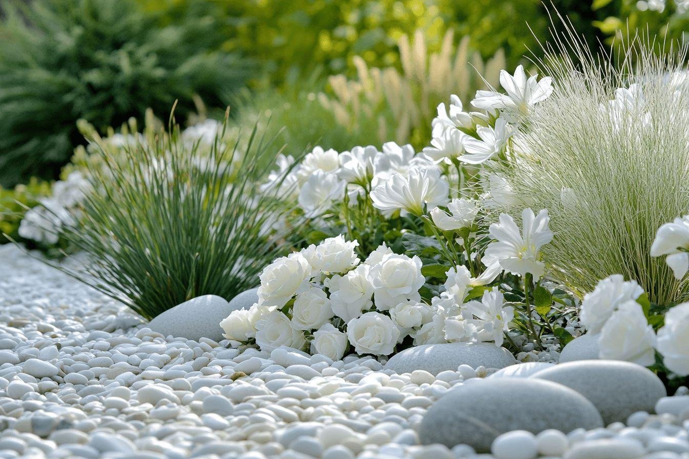 Roses blanches, galets et graminées dans un jardin zen