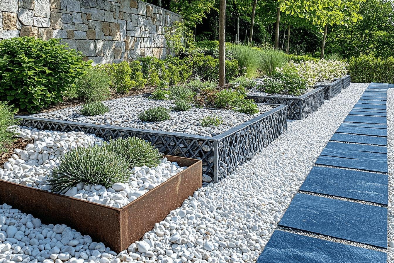 Aménagement paysager géométrique avec galets, plantes et dalles