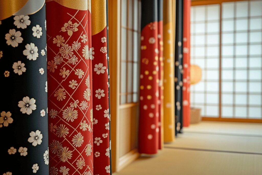 Rangée de kimonos traditionnels aux couleurs et imprimés variés
