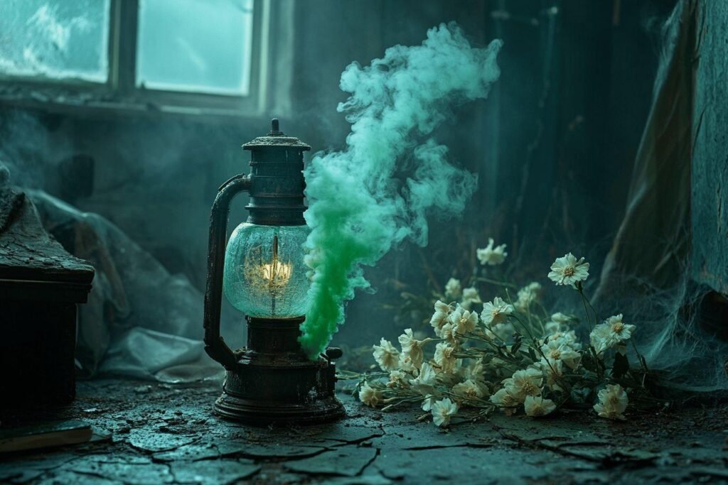Lanterne ancienne avec fumée verte et fleurs blanches sur sol fissuré