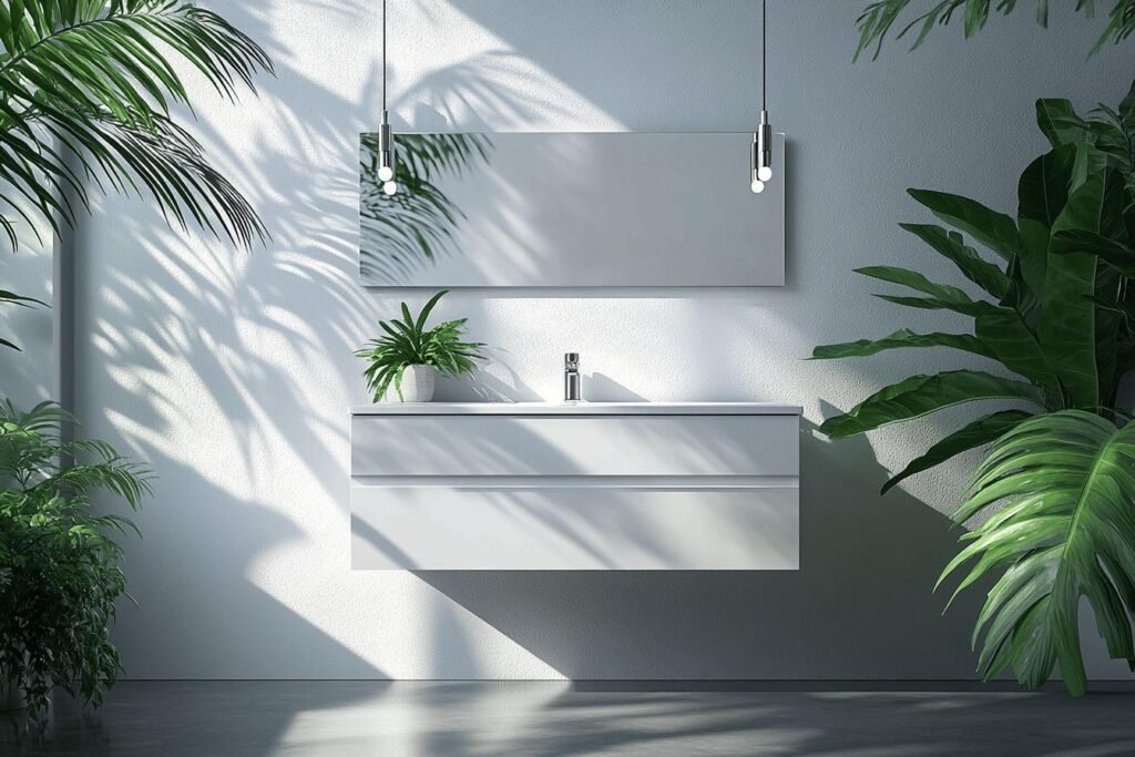 Salle de bain moderne blanche avec feuillage tropical et lumière