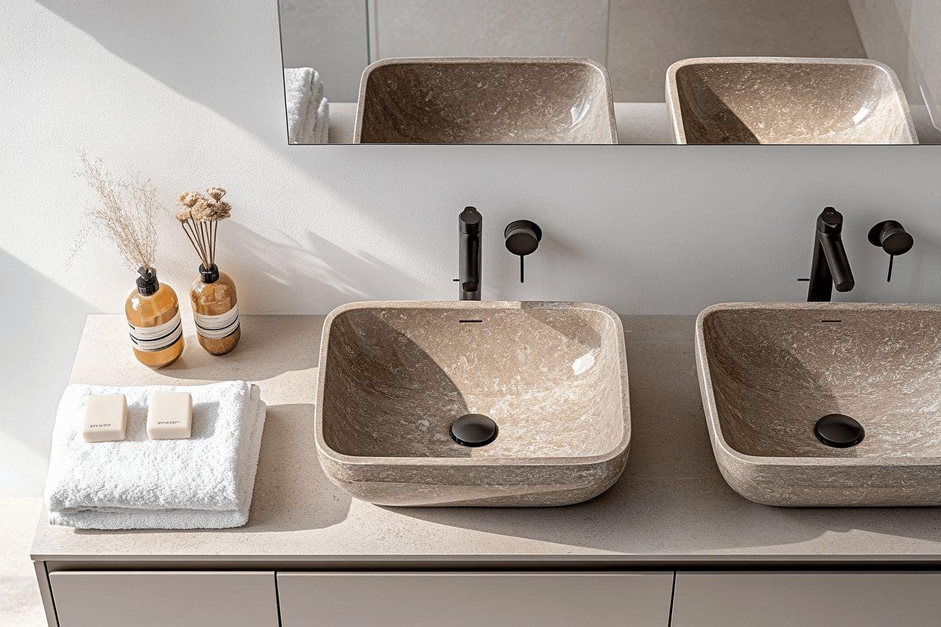 Lavabos en pierre beige avec robinets noirs et accessoires
