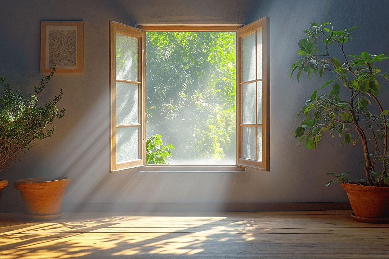 Fenêtre en bois ouverte avec rayons de soleil et plantes