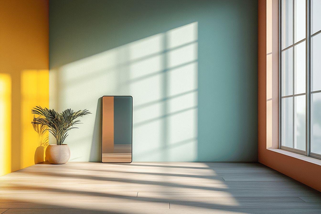 Intérieur avec plante, miroir et ombres de fenêtre