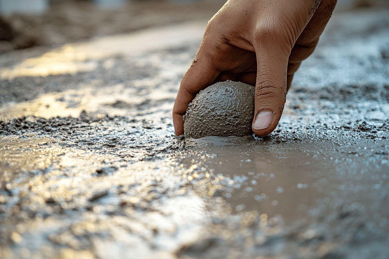 Doigt touchant une boule de boue grise sur un sol mouillé