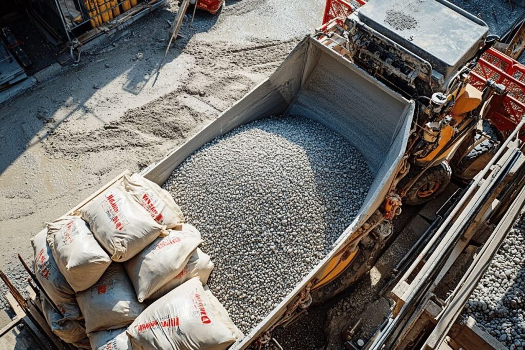 Sacs blancs et gravier dans une benne de chantier