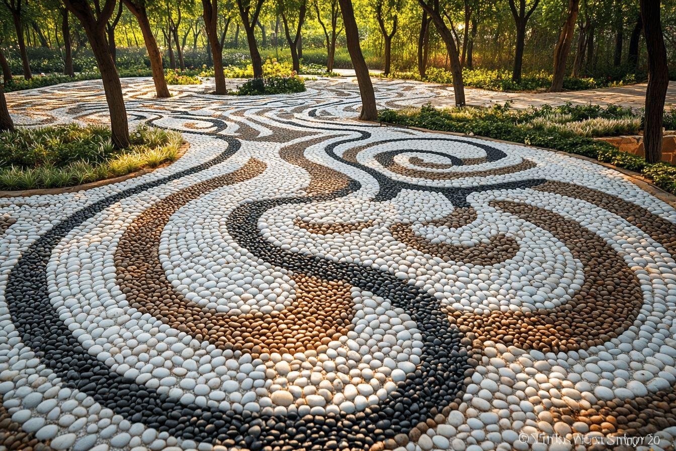Chemin en pierre avec motifs courbes dans un jardin boisé