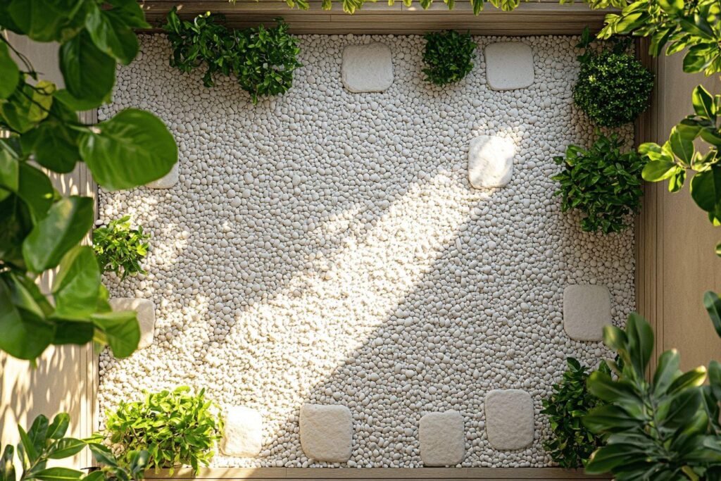 Mur en galets blancs décoré de feuillage vert vif