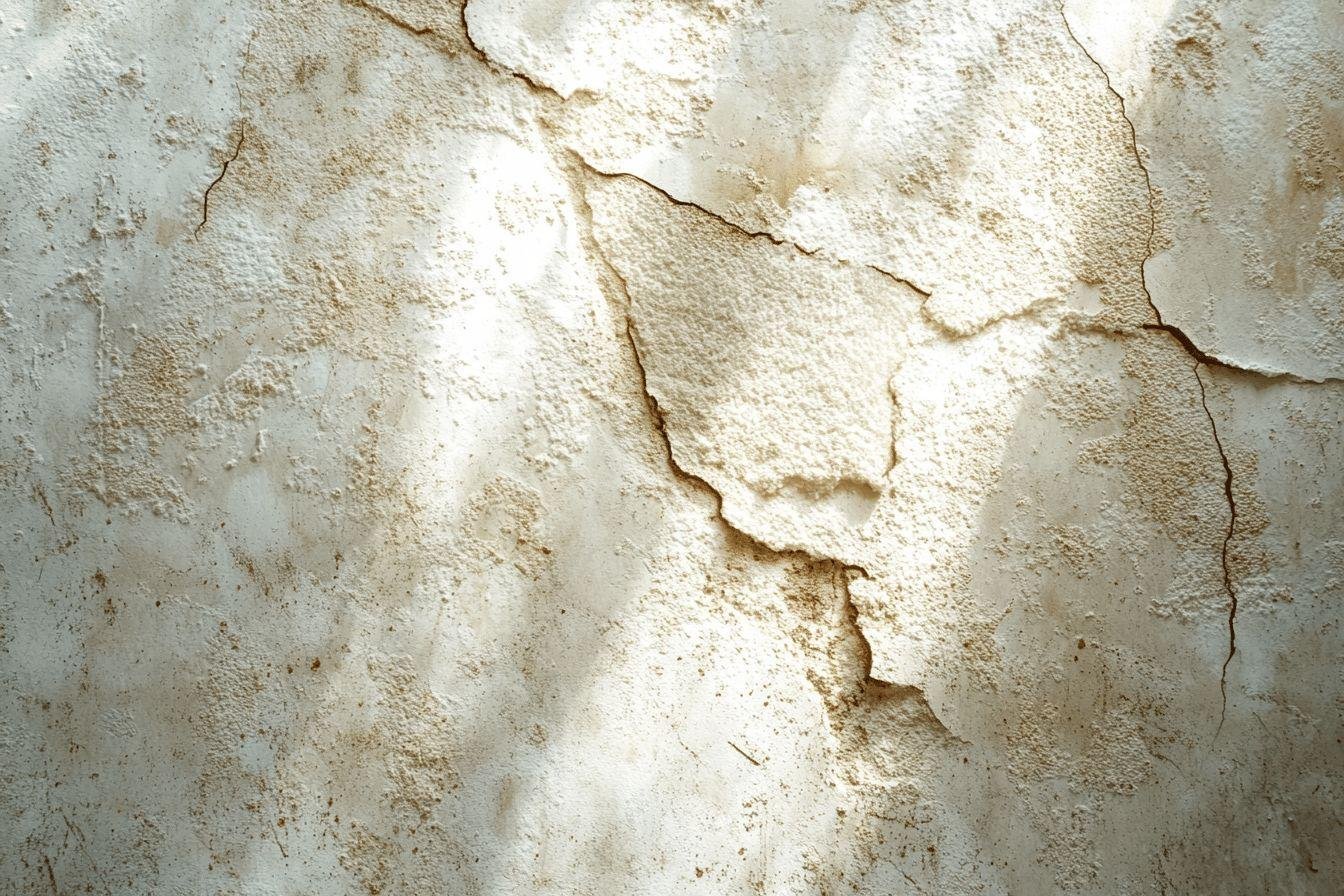 Surface de mur blanc cassé avec fissures et textures irrégulières