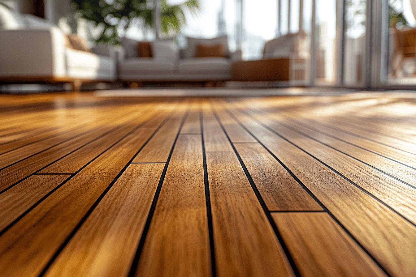 Gros plan sur un parquet en bois brillant avec canapé flou