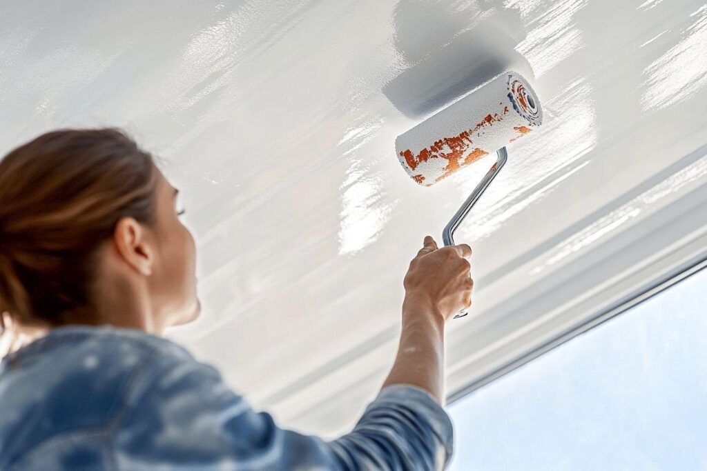 Personne peignant un plafond blanc avec un rouleau