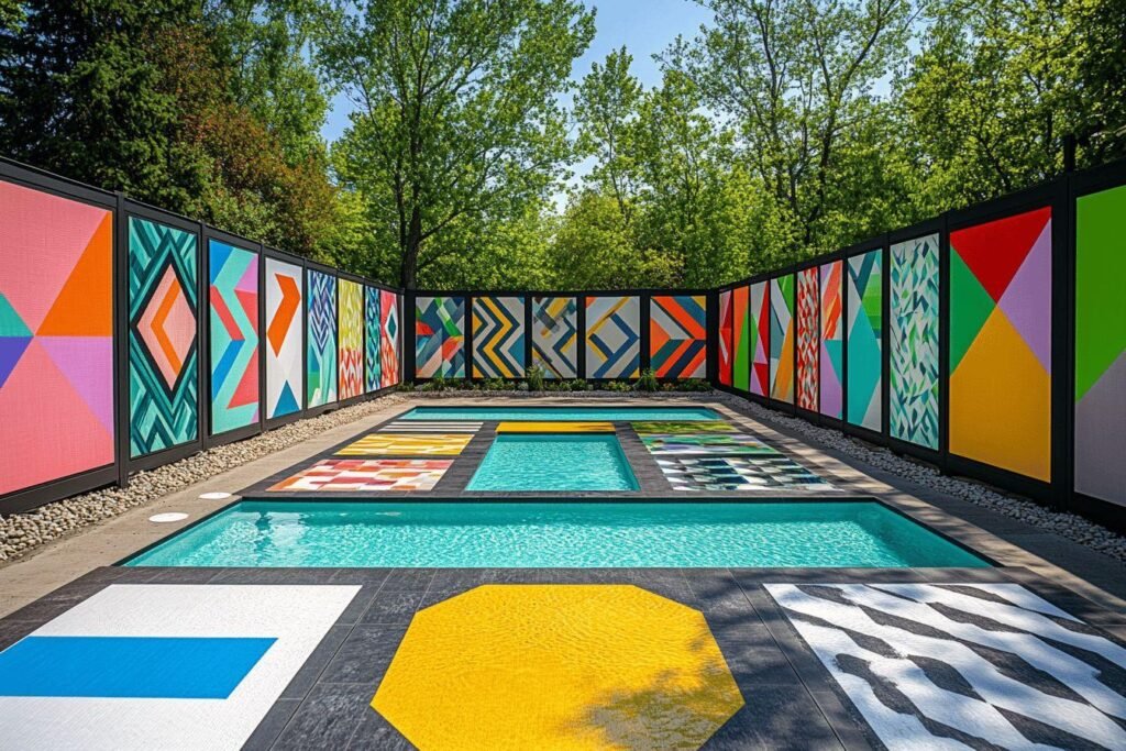 Piscine entourée de panneaux colorés avec motifs géométriques