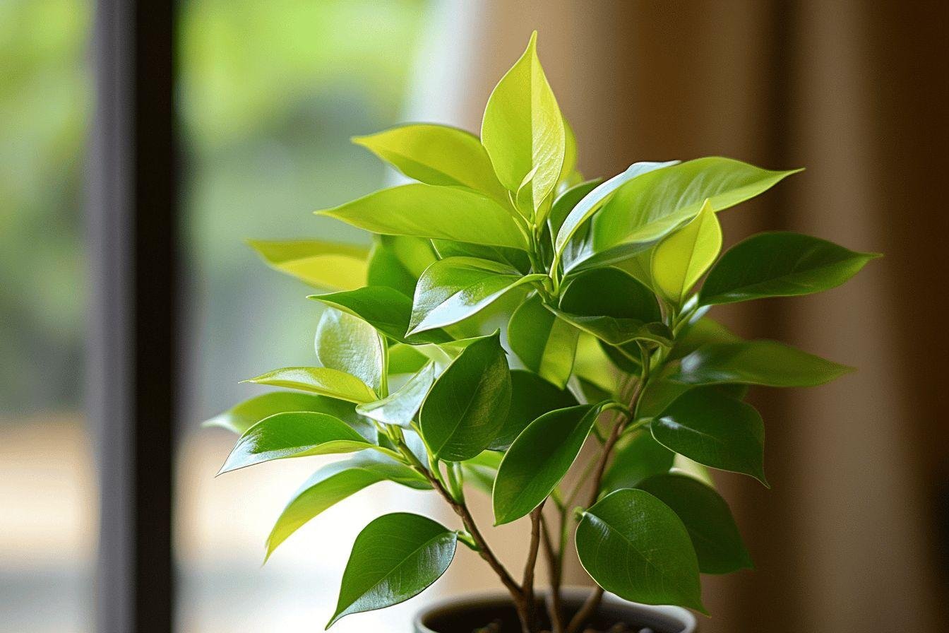 Feuilles vertes brillantes d'une plante d'intérieur près d'une fenêtre