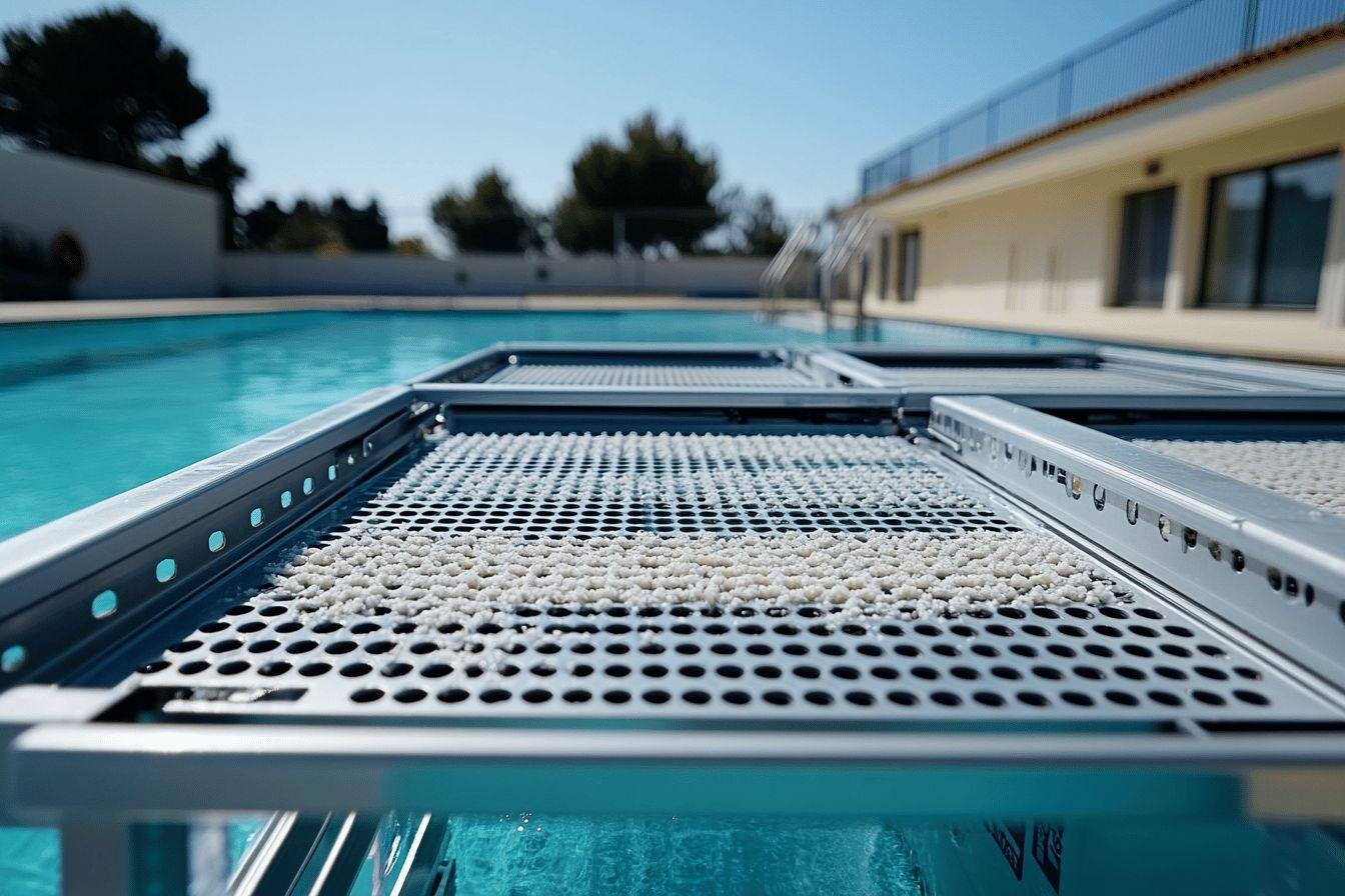 Grilles métalliques perforées surplombant une piscine bleue