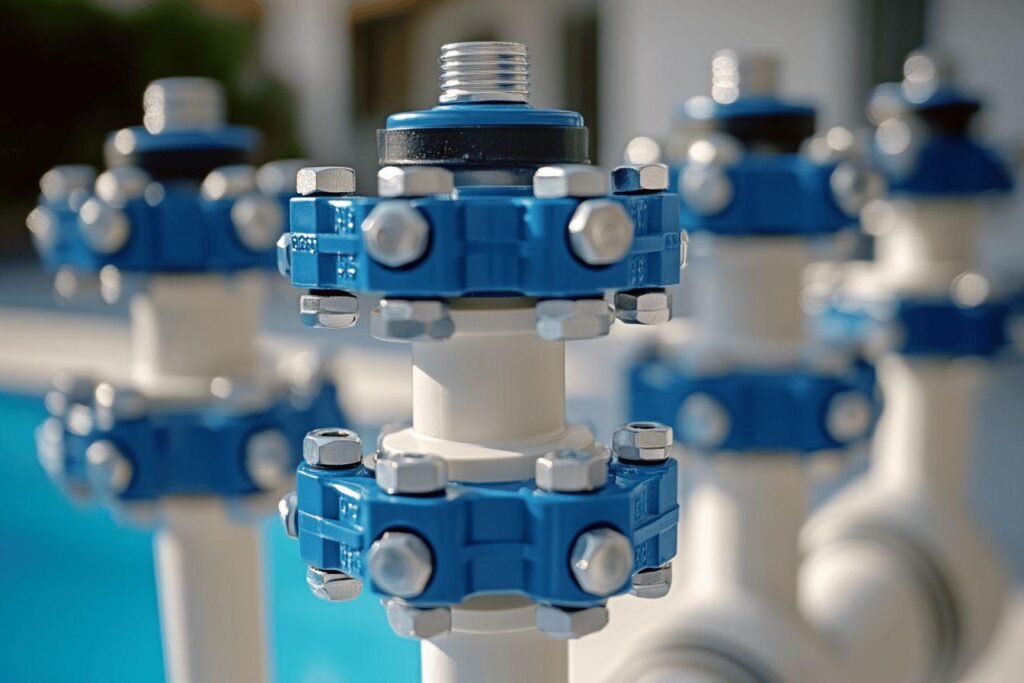 Gros plan sur des connecteurs techniques industriels bleus et blancs