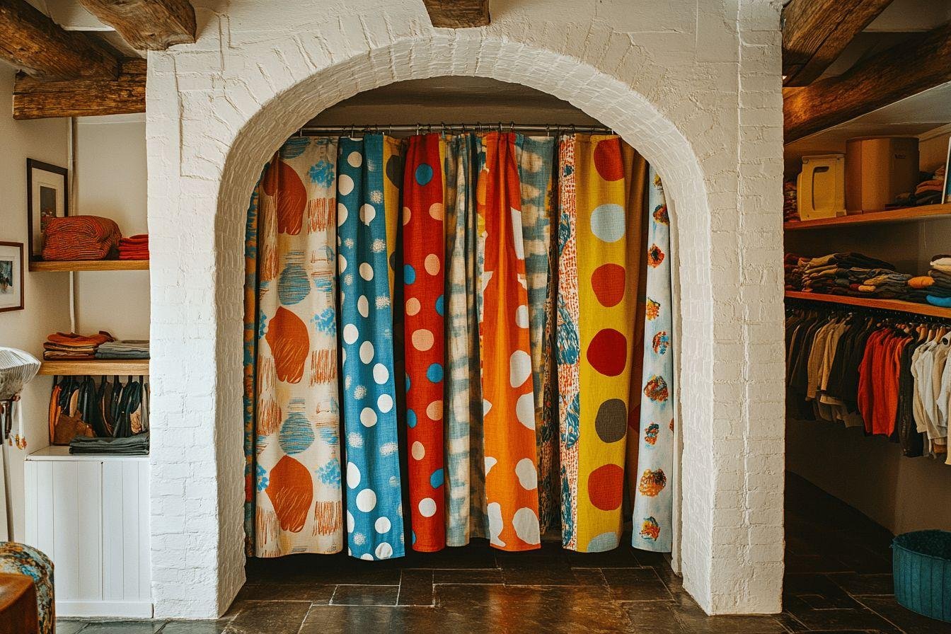 Rideaux à motifs colorés suspendus dans un archway blanc