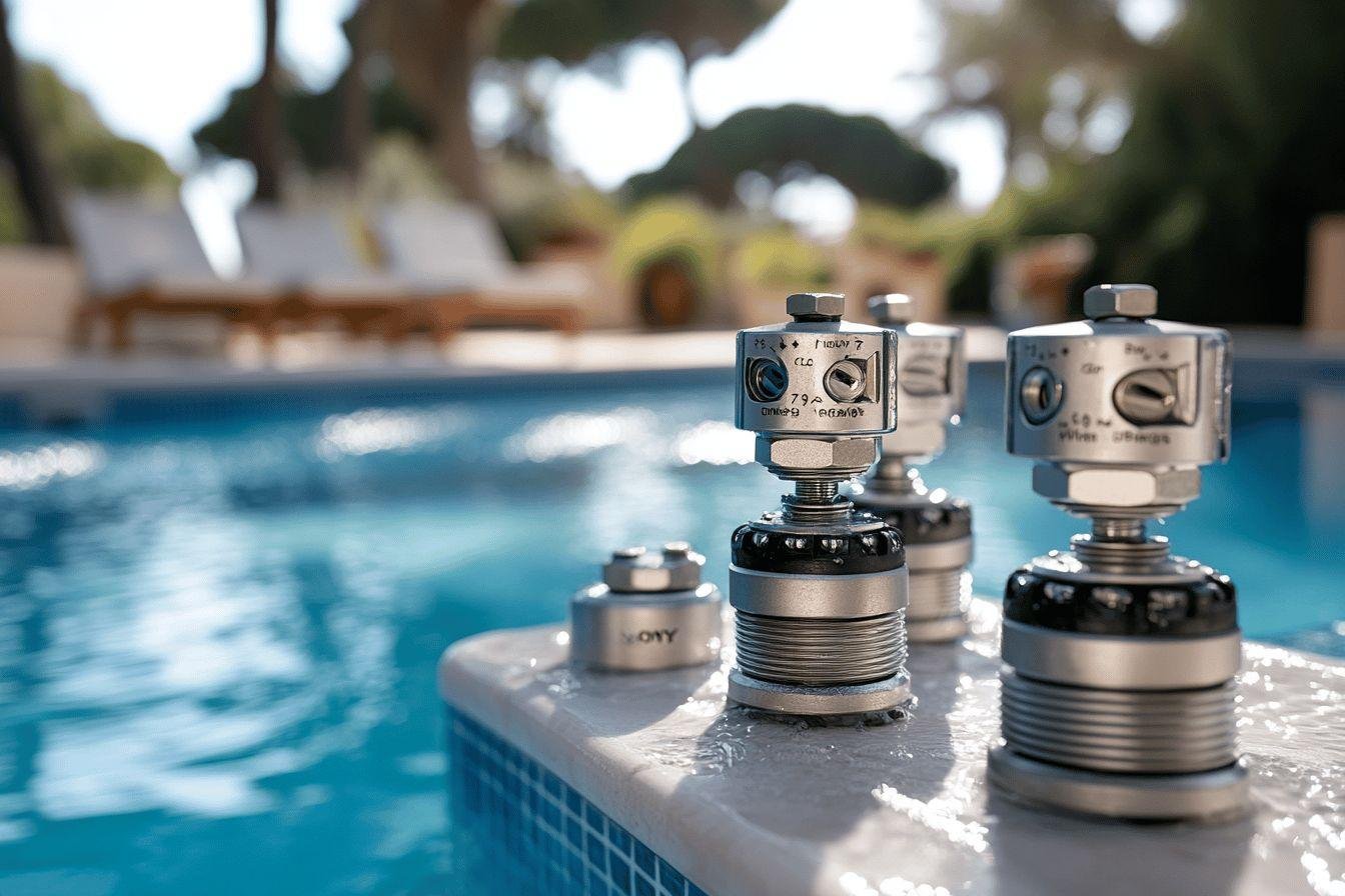 Trois robots industriels argentés posés sur le carrelage d'une piscine