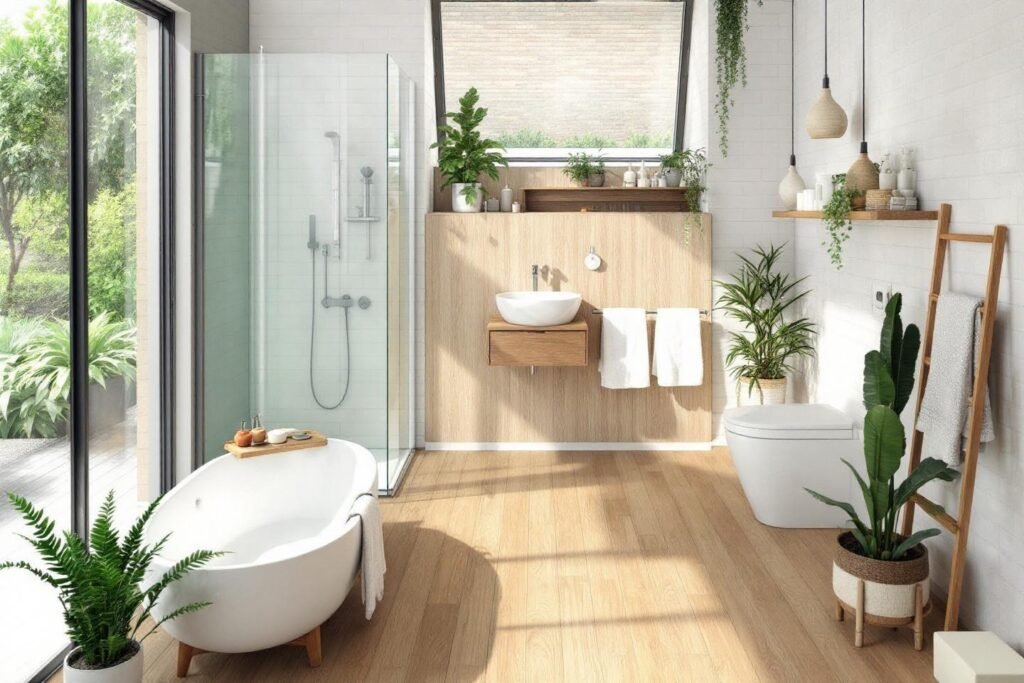 Intérieur de salle de bain moderne avec baignoire et plantes vertes