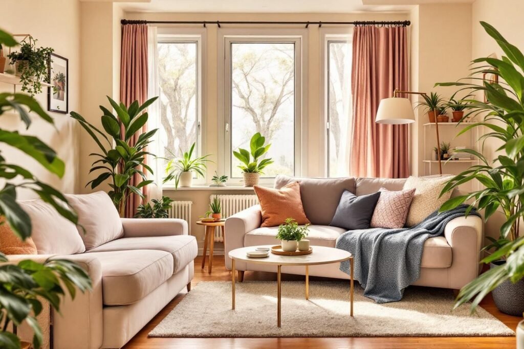 Intérieur confortable avec canapés, végétation et lumière naturelle