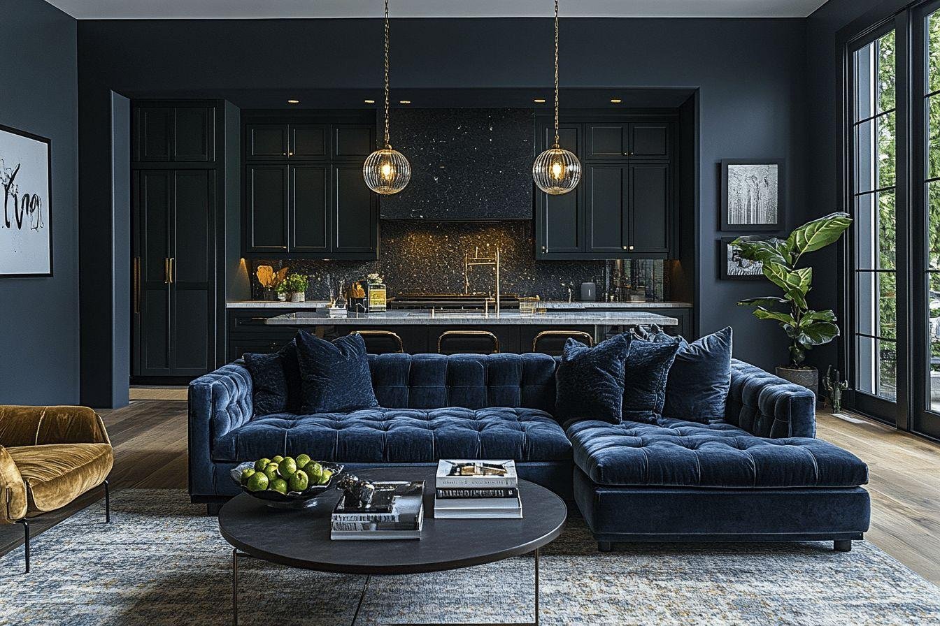 Salon noir avec canapé bleu, cuisine ouverte et luminaires suspendus