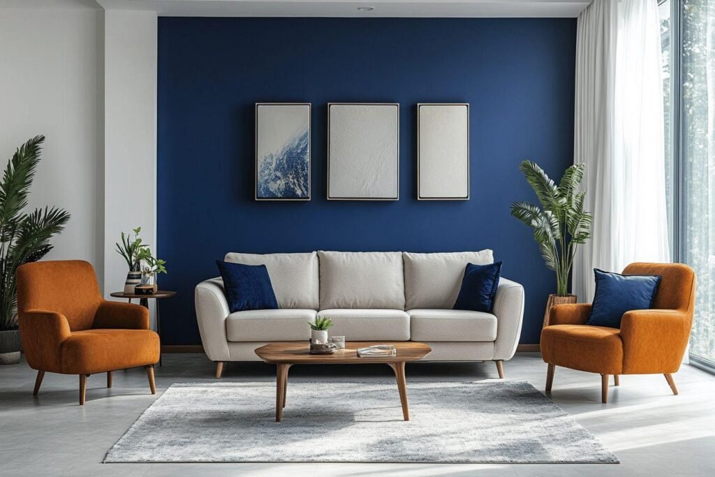 Salon design avec canapé gris, fauteuils oranges et mur bleu