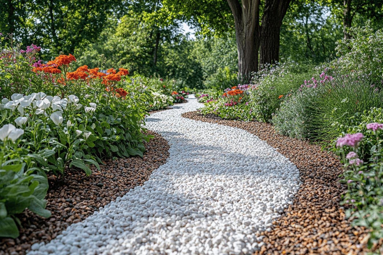 Chemin sinueux blanc et brun entouré de fleurs colorées