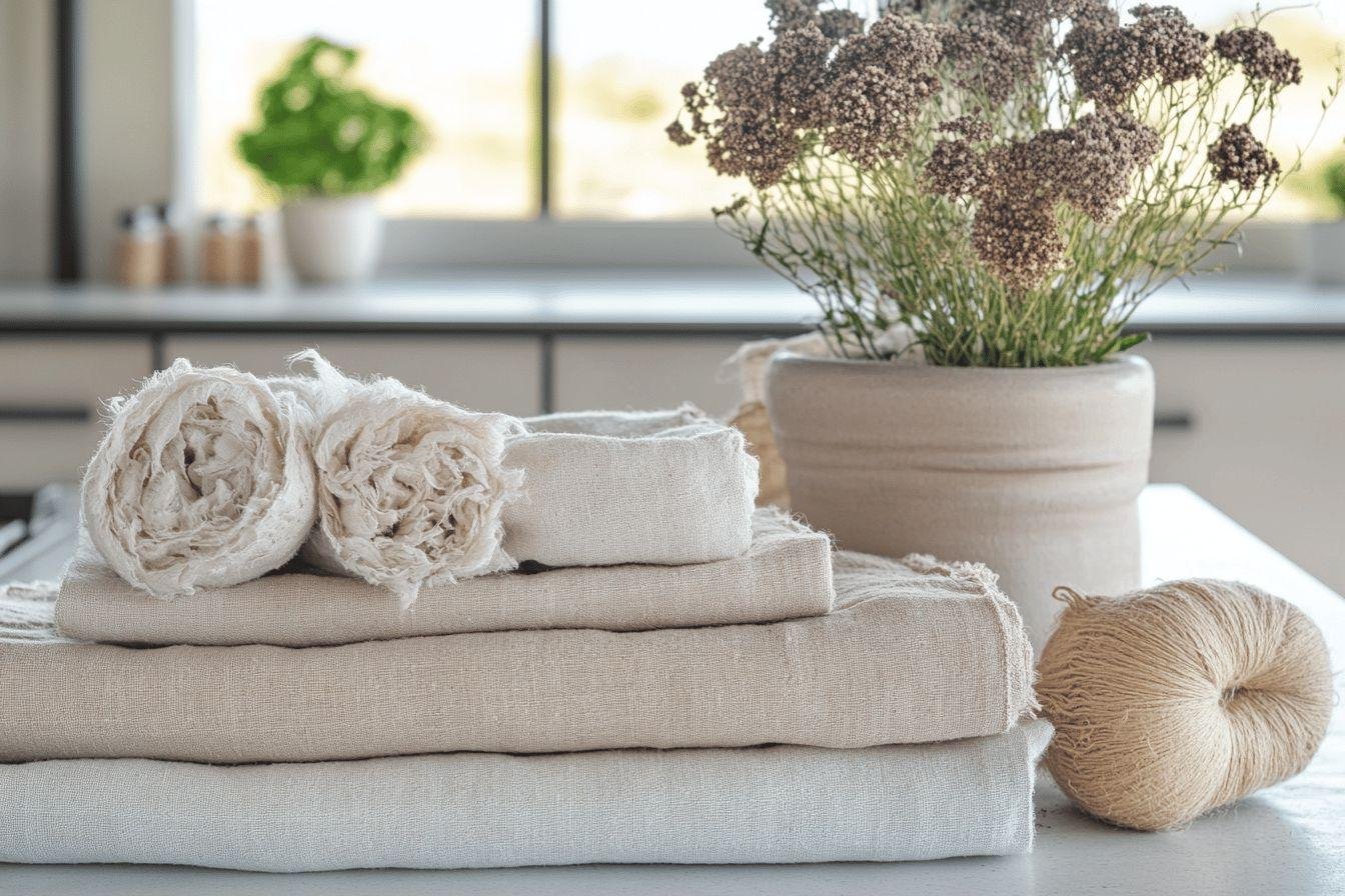 Serviettes blanches pliées près d'une plante et de fils