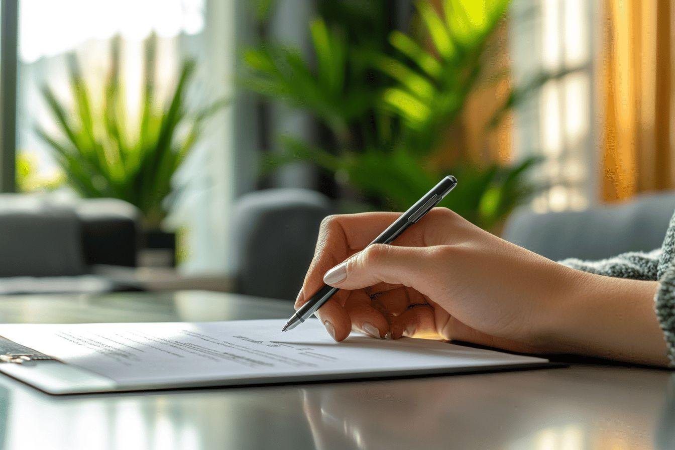Main tenant un stylo signant un document avec des plantes vertes