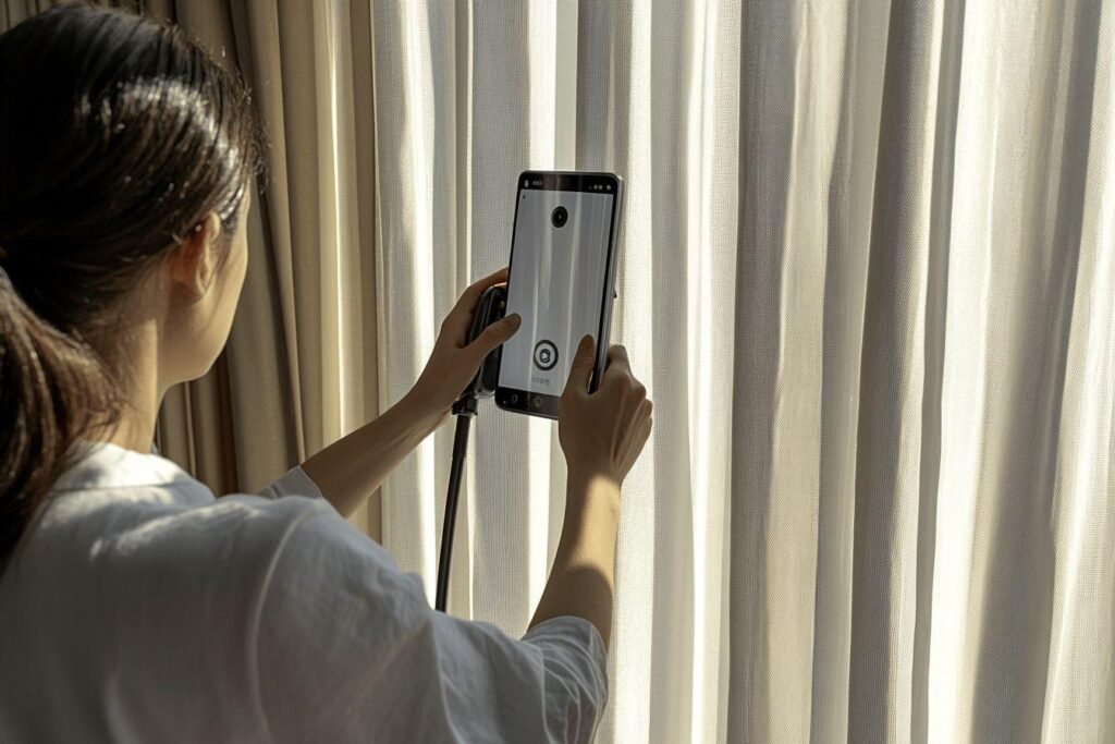 Personne utilisant un smartphone près d'un rideau lumineux